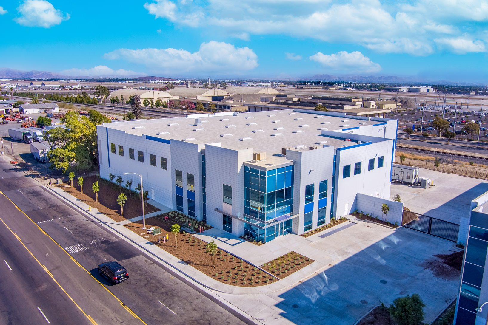 drone photo single building near airport